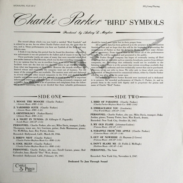 Charlie Parker - "Bird" Symbols (Vinyl, LP, Compilation, Reissue, Mono) Near Mint (NM or M-) / Very Good (VG)