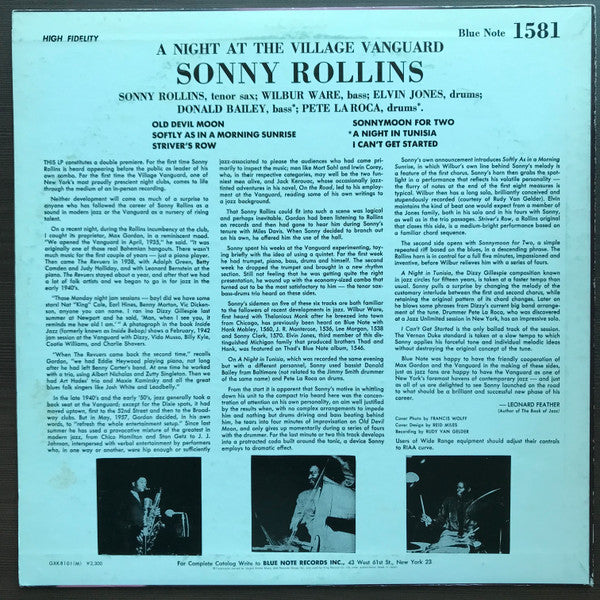 Sonny Rollins - A Night At The "Village Vanguard" (Vinyl, LP, Album, Reissue, Mono) Very Good Plus (VG+) / Very Good (VG)