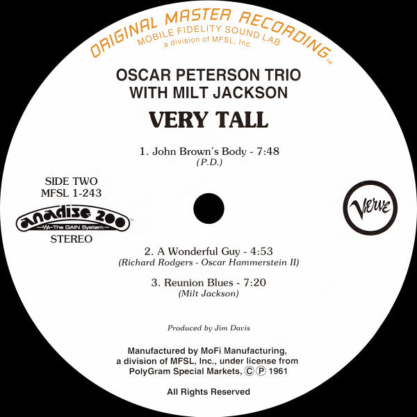 The Oscar Peterson Trio - Very Tall (Vinyl, LP, Limited Edition, Numbered, Reissue, Stereo) Near Mint (NM or M-) / Near Mint (NM or M-)