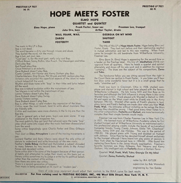 Elmo Hope Quartet - Hope Meets Foster (Vinyl, LP, Album, Mono, Reissue) Near Mint (NM or M-) / Very Good (VG)