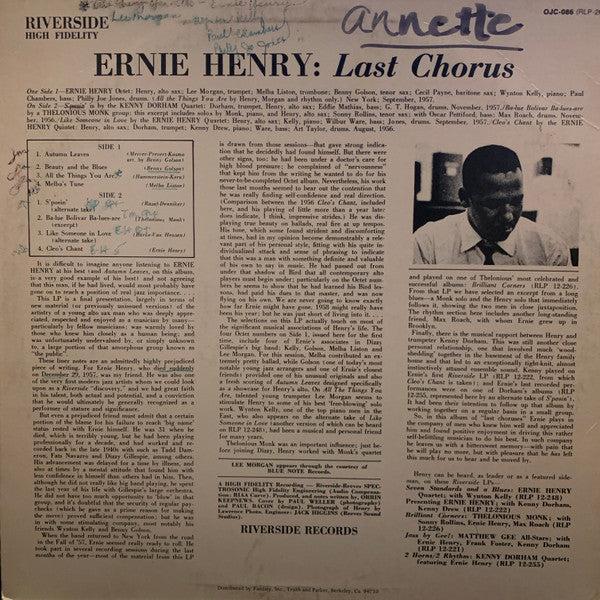 Ernie Henry - Last Chorus (Vinyl, LP, Album, Reissue) Very Good (VG) / Very Good Plus (VG+)
