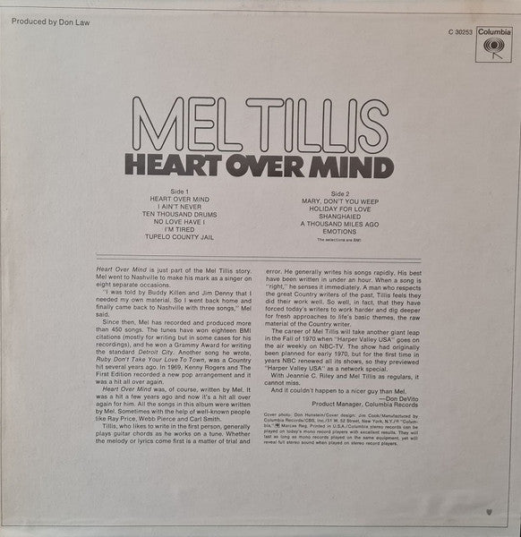 Mel Tillis - Heart Over Mind (Vinyl, LP, Compilation, Stereo) Very Good (VG) / Very Good (VG)