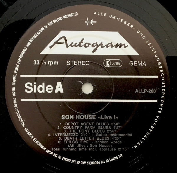 Son House - Live! (Vinyl, LP, Album, Limited Edition, Reissue) Very Good Plus (VG+) / Very Good Plus (VG+)