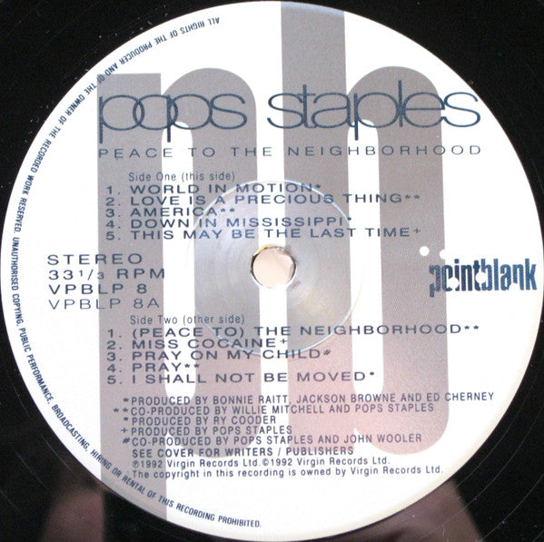 Pops Staples - Peace To The Neighborhood (Vinyl, LP, Album) Very Good Plus (VG+) / Very Good (VG)