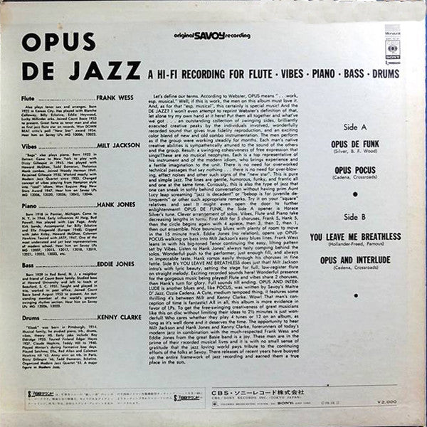 Milt Jackson - Opus De Jazz (Vinyl, LP, Album, Reissue, Mono)