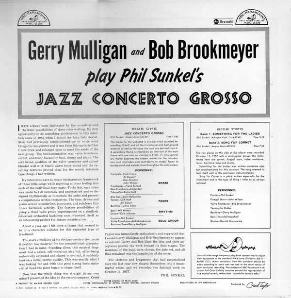 Gerry Mulligan - Play Phil Sunkel's Jazz Concerto Grosso (Vinyl, LP, Album, Reissue, Mono) Very Good (VG) / Very Good (VG)