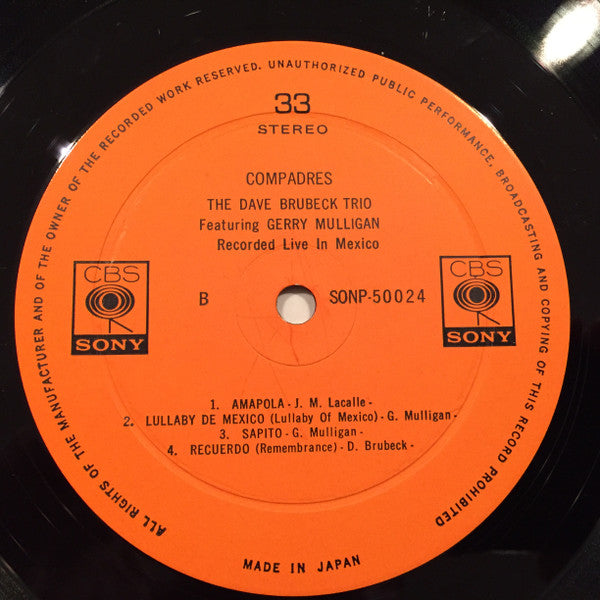 The Dave Brubeck Trio Featuring Gerry Mulligan - Compadres (Vinyl, LP, Album, Stereo) Very Good (VG) / Very Good (VG)