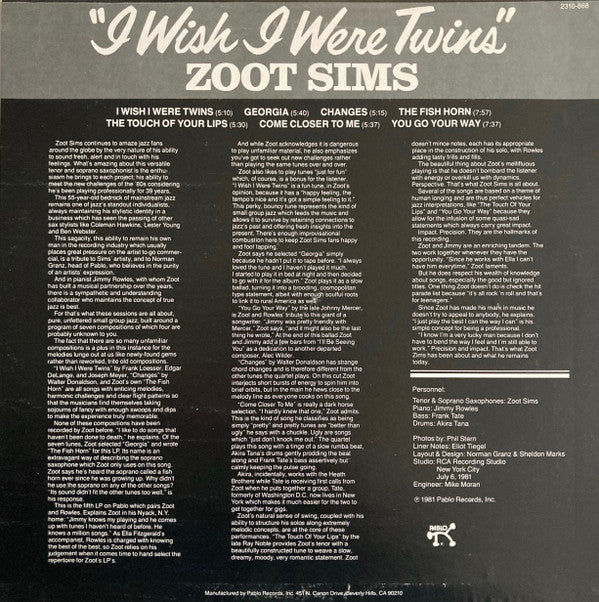 Zoot Sims - I Wish I Were Twins (Vinyl, LP, Album, Stereo) Very Good Plus (VG+) / Very Good Plus (VG+)