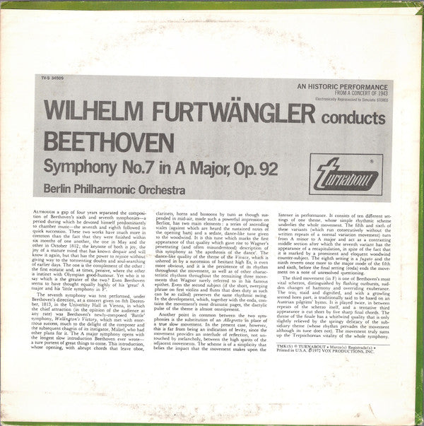 Wilhelm Furtwängler - Symphony No. 7 In A Major, Op. 92 (Vinyl, LP, Album) Very Good Plus (VG+) / Very Good Plus (VG+)
