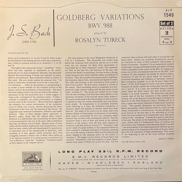 Johann Sebastian Bach - JS Bach: Goldberg Variations (record 2) (Vinyl, LP, Album, Mono) Very Good Plus (VG+) / Good Plus (G+)