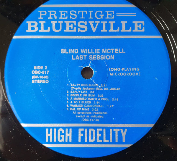 Blind Willie McTell - Last Session (Vinyl, LP, Album, Reissue, Remastered, Stereo) Very Good Plus (VG+) / Very Good Plus (VG+)