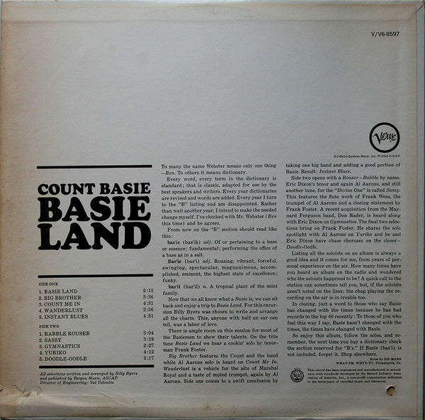 Count Basie - Basie Land (Vinyl, LP, Mono) Good Plus (G+) / Very Good (VG)