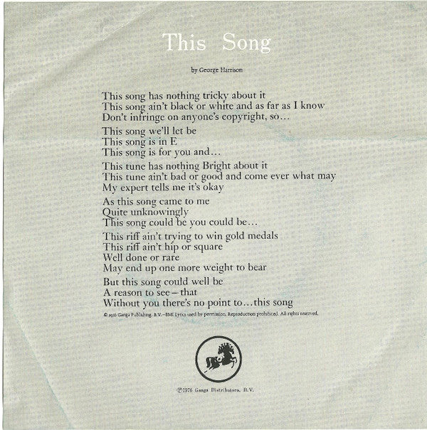 George Harrison - This Song (Vinyl, 7", 45 RPM, Single, Stereo) Very Good Plus (VG+) / Very Good Plus (VG+)
