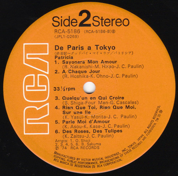 Patricia (8) - De Paris A Tokyo (Vinyl, LP, Album) Very Good Plus (VG+) / Very Good Plus (VG+)