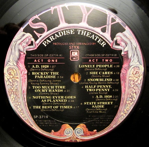 Styx - Paradise Theatre (Vinyl, LP, Album, Club Edition, Etched, Stereo) Very Good Plus (VG+) / Good Plus (G+)