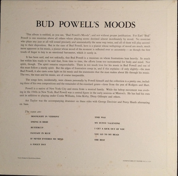 Bud Powell - Bud Powell's Moods (Vinyl, LP, Album, Reissue, Mono)