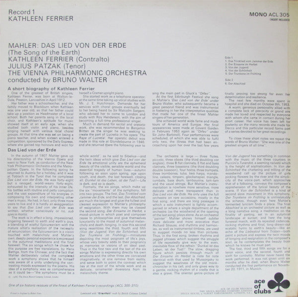 Gustav Mahler - Das Lied Von Der Erde (Vinyl, LP, Reissue, Mono) Very Good (VG) / Good (G)
