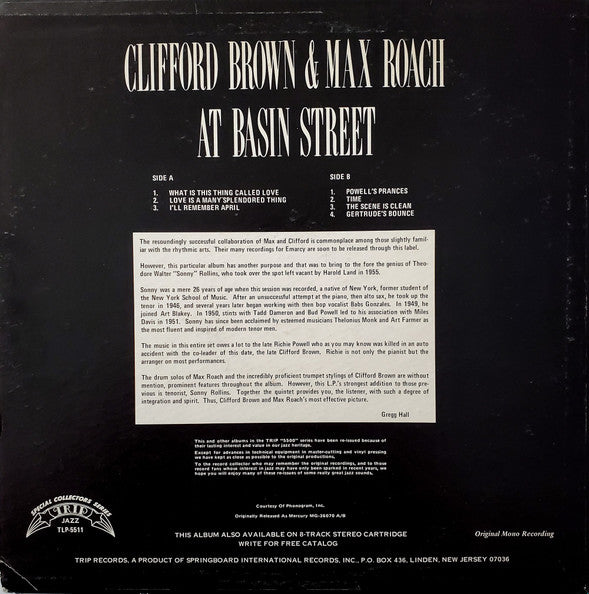 Clifford Brown And Max Roach - At Basin Street (Vinyl, LP, Album, Reissue, Mono) Very Good Plus (VG+) / Very Good Plus (VG+)