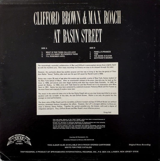 Clifford Brown And Max Roach - At Basin Street (Vinyl, LP, Album, Reissue, Mono) Very Good Plus (VG+) / Very Good Plus (VG+)
