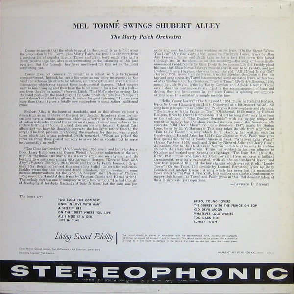 Mel Tormé - Swings Shubert Alley (Vinyl, LP, Album, Reissue, Stereo) Very Good Plus (VG+) / Very Good Plus (VG+)
