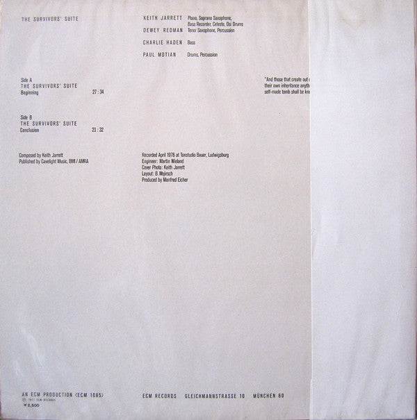 Keith Jarrett - The Survivors' Suite (Vinyl, LP, Album) Very Good Plus (VG+) / Good Plus (G+)