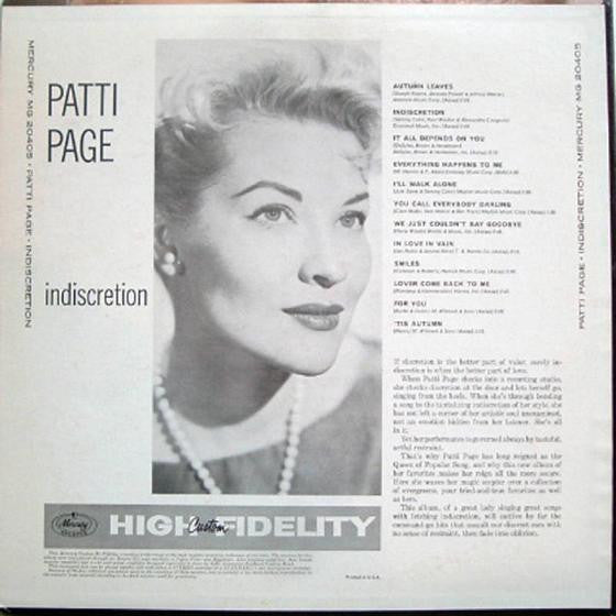 Patti Page - Indiscretion (Vinyl, LP, Album, Mono) Good Plus (G+) / Very Good (VG)