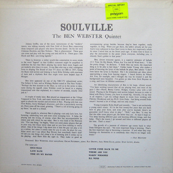The Ben Webster Quintet - Soulville (Vinyl, LP, Album, Reissue, Mono)