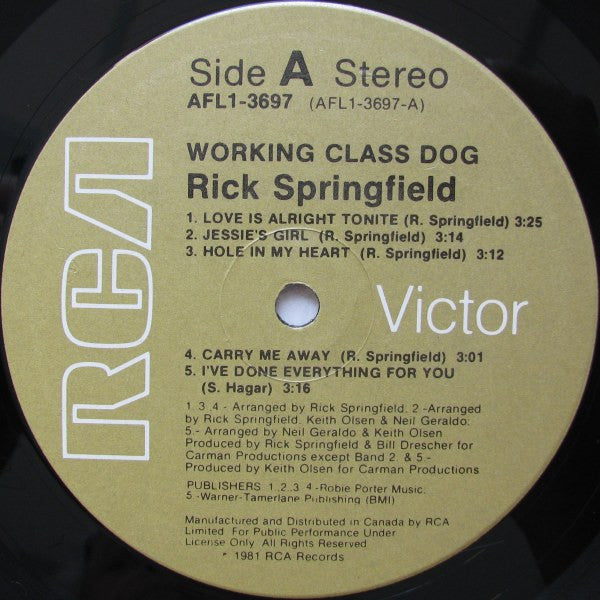 Rick Springfield - Working Class Dog (Vinyl, LP, Album) Very Good (VG) / Very Good (VG)