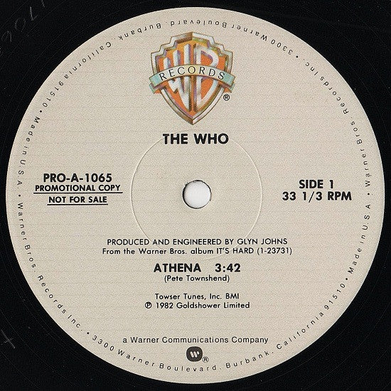 The Who - Athena (Vinyl, 12", 33 ⅓ RPM, Single, Promo) Very Good Plus (VG+) / Very Good (VG)