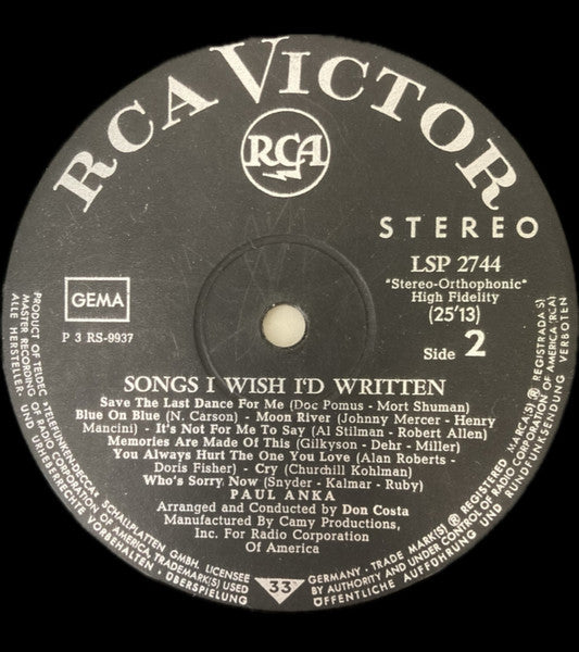 Paul Anka - Songs I Wish I'd Written (Vinyl, LP, Album, Stereo) Good Plus (G+) / Fair (F)