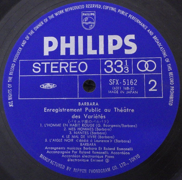 Barbara (5) - Enregistrement Public Au Théâtre Des Variétés = バリエテ座のバルバラ (2xVinyl, LP, Album, Stereo) Very Good (VG) / Good Plus (G+)