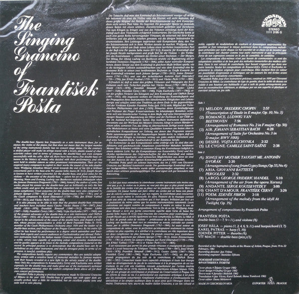 František Pošta - Zpívající Kontrabas Františka Pošty (Vinyl, LP, Stereo) Very Good (VG) / Very Good Plus (VG+)