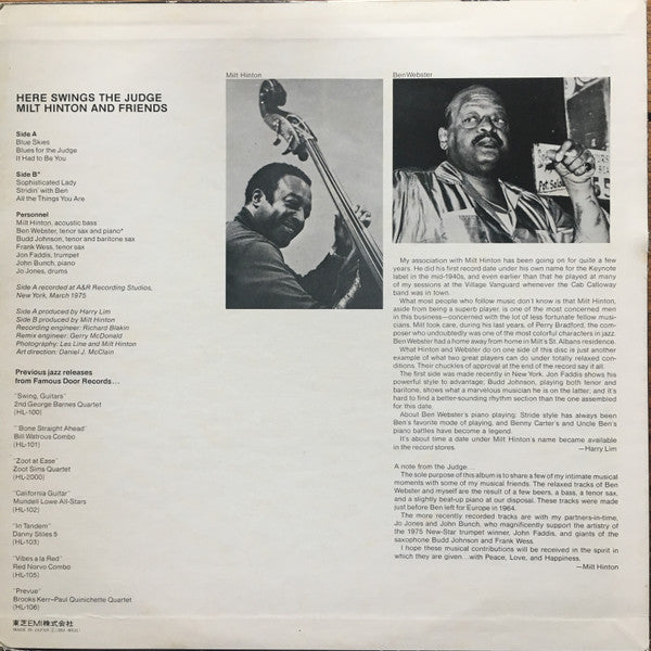 Milt Hinton And Friends - Here Swings The Judge (Vinyl, LP, Album, Reissue, Stereo) Very Good Plus (VG+) / Very Good Plus (VG+)