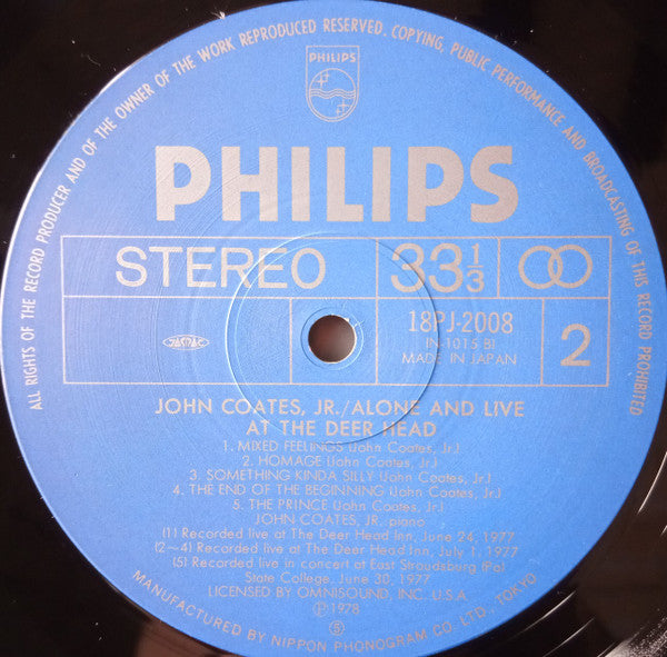 John Coates, Jr - Alone And Live At The Deer Head (Vinyl, LP, Album) Very Good (VG) / Very Good (VG)
