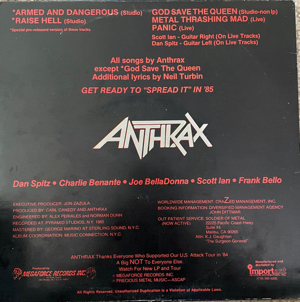 Anthrax - Armed And Dangerous (Vinyl, 12", 33 ⅓ RPM, EP) Very Good Plus (VG+) / Very Good (VG)