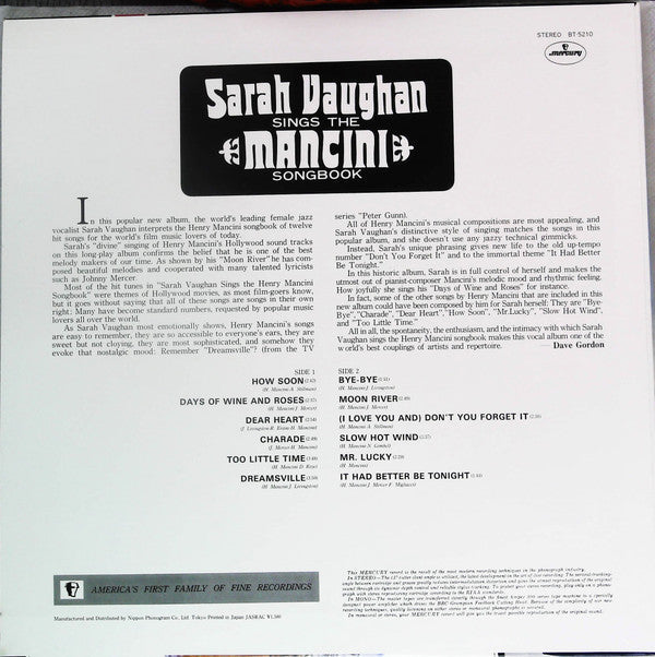 Sarah Vaughan - Sings The Mancini Songbook (Vinyl, LP, Album) Near Mint (NM or M-) / Near Mint (NM or M-)