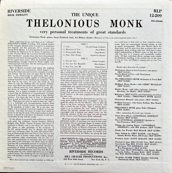 Thelonious Monk - The Unique Thelonious Monk (Vinyl, LP, Album, Reissue, Mono) Near Mint (NM or M-) / Good Plus (G+)