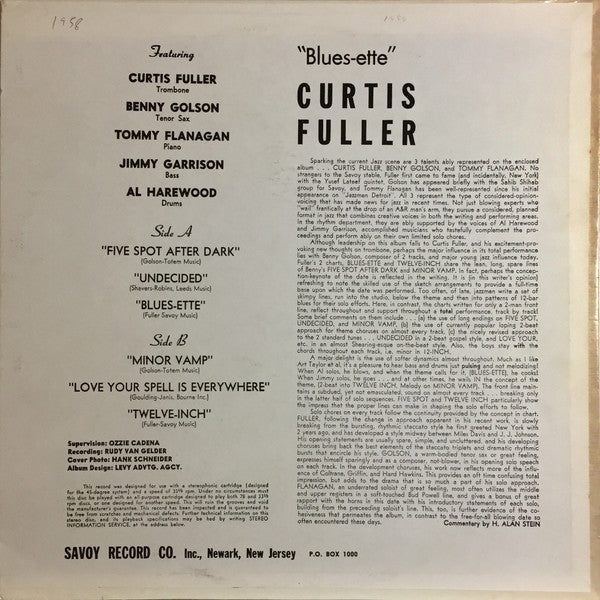 Curtis Fuller's Quintet - Blues-ette (Vinyl, LP, Album, Reissue, Stereo) Very Good (VG) / Very Good (VG)