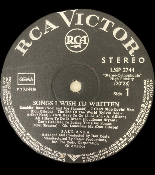 Paul Anka - Songs I Wish I'd Written (Vinyl, LP, Album, Stereo) Good Plus (G+) / Fair (F)