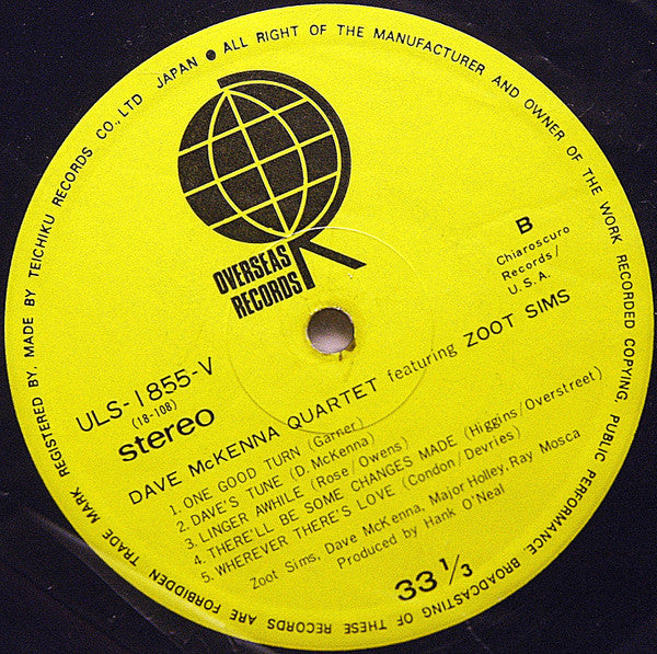 Dave McKenna Quartet - Dave McKenna Quartet Featuring Zoot Sims (Vinyl, LP, Album, Stereo) Very Good (VG) / Good Plus (G+)