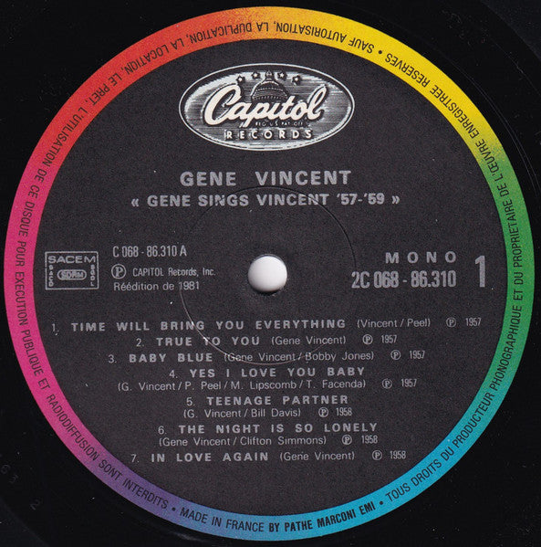 Gene Vincent & His Blue Caps - Gene Sings Vincent '57-'59 (Vinyl, LP, Compilation, Reissue, Mono) Very Good (VG) / Poor (P)