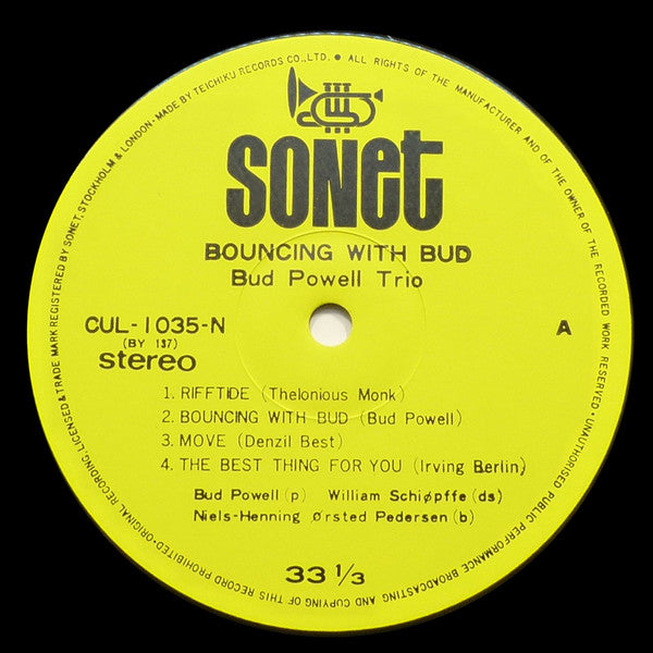 The Bud Powell Trio - Bouncing With Bud (Vinyl, LP, Album, Reissue, Stereo) Very Good Plus (VG+) / Very Good Plus (VG+)