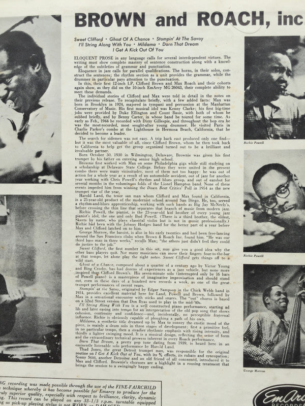 Clifford Brown And Max Roach - Brown And Roach Incorporated (Vinyl, LP, Album) Very Good (VG) / Good Plus (G+)