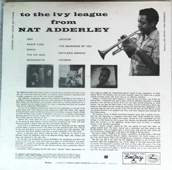 Nat Adderley - To The Ivy League From Nat (Vinyl, LP, Album, Reissue) Very Good (VG) / Very Good Plus (VG+)