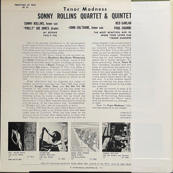 Sonny Rollins Quartet - Tenor Madness (Vinyl, LP, Album, Reissue, Mono) Near Mint (NM or M-) / Very Good Plus (VG+)