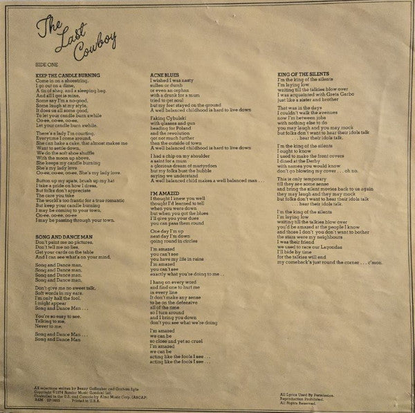Gallagher & Lyle - The Last Cowboy (Vinyl, LP, Album, Stereo) Very Good (VG) / Very Good (VG)