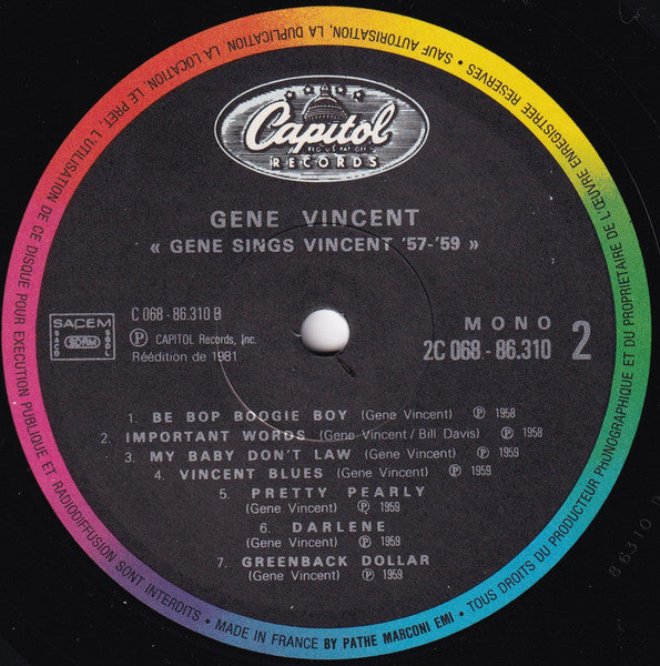 Gene Vincent & His Blue Caps - Gene Sings Vincent '57-'59 (Vinyl, LP, Compilation, Reissue, Mono) Very Good (VG) / Poor (P)