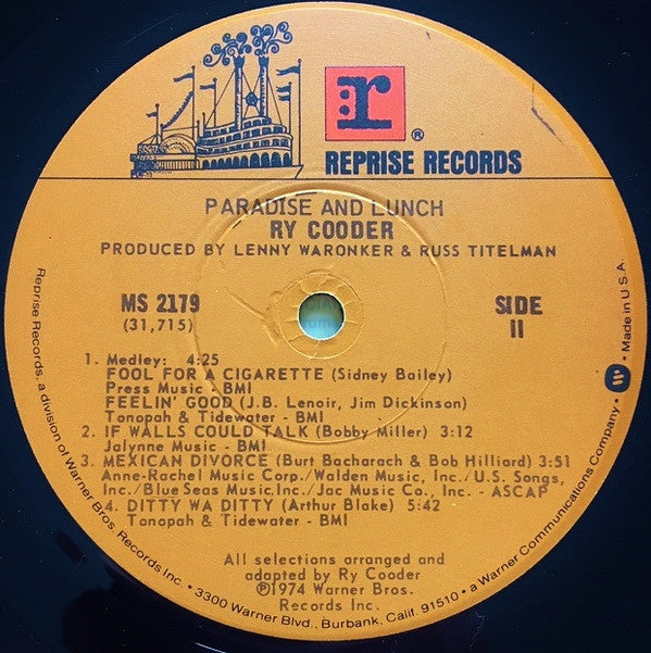 Ry Cooder - Paradise And Lunch (Vinyl, LP, Album, Reissue)