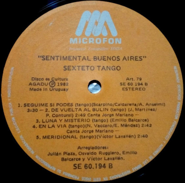 Sexteto Tango - Sentimental Buenos Aires (Vinyl, LP, Album) Very Good Plus (VG+) / Good Plus (G+)