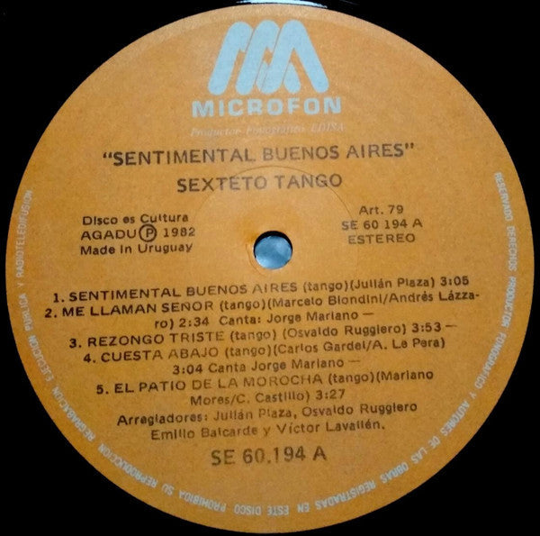Sexteto Tango - Sentimental Buenos Aires (Vinyl, LP, Album) Very Good Plus (VG+) / Good Plus (G+)